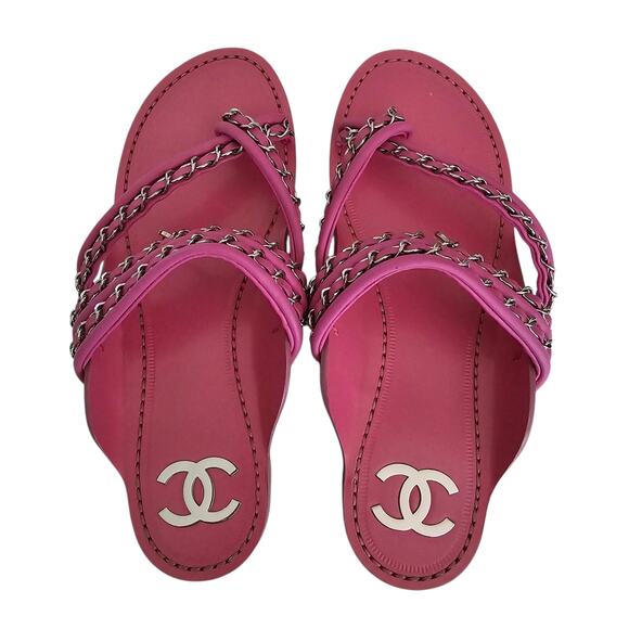 Chanel 19C CC Charm Chain Thong Flat Sandal Size 39 C US 8 8.5 Pink Leather - Picture 5 of 12